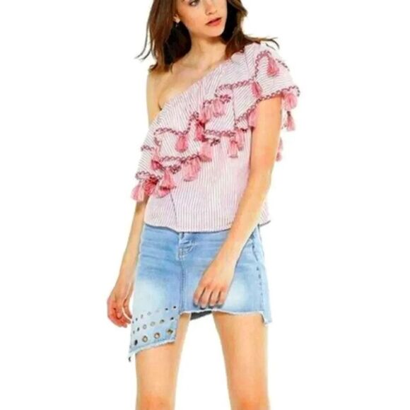 NEW Misa Los Angeles Linnea One Shoulder Striped Tassel Top in Red/White Size S - Picture 9 of 10